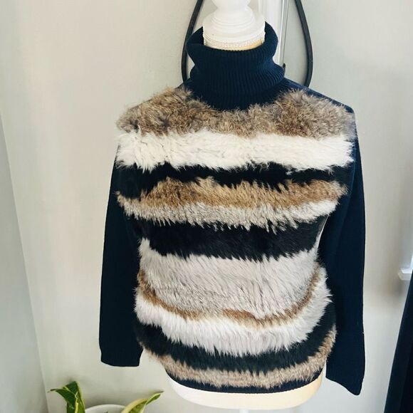 Opening Ceremony Navy Blue Merino Wool Rabbit‎ Fur Turtleneck Sweater, Small NWT - Picture 1 of 16